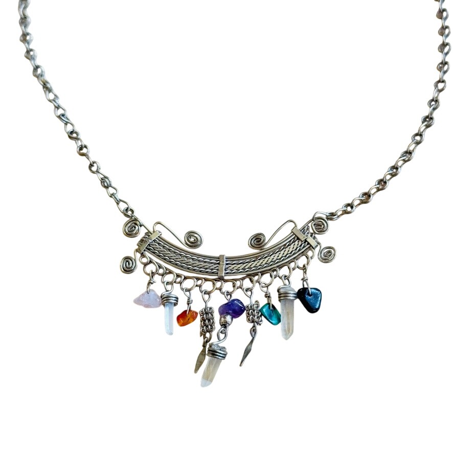 Vtg Indie Silver Tone Stone Necklace Choker Amethyst Quartz Boho Beaded 80s 18"